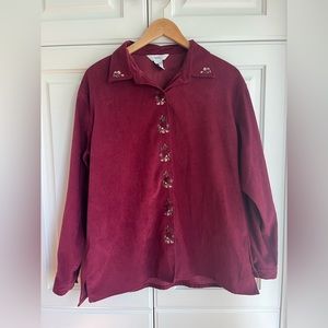 Vintage Suede Oversized Button Down with Floral Embroidery